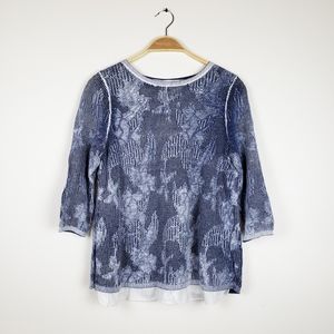 Chico's Blue And White Floral Printed Knit 3/4 sleeve Sweater Top